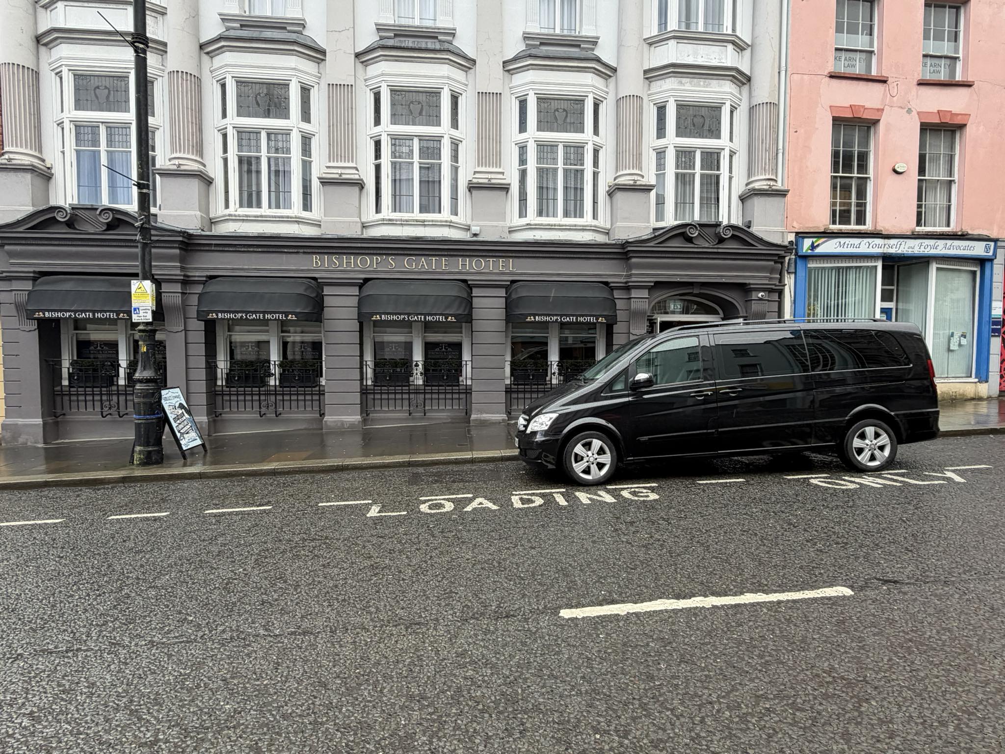 GS Chauffeurs luxury Mercedes private driver pickup at Bishops Gate Hotel Derry